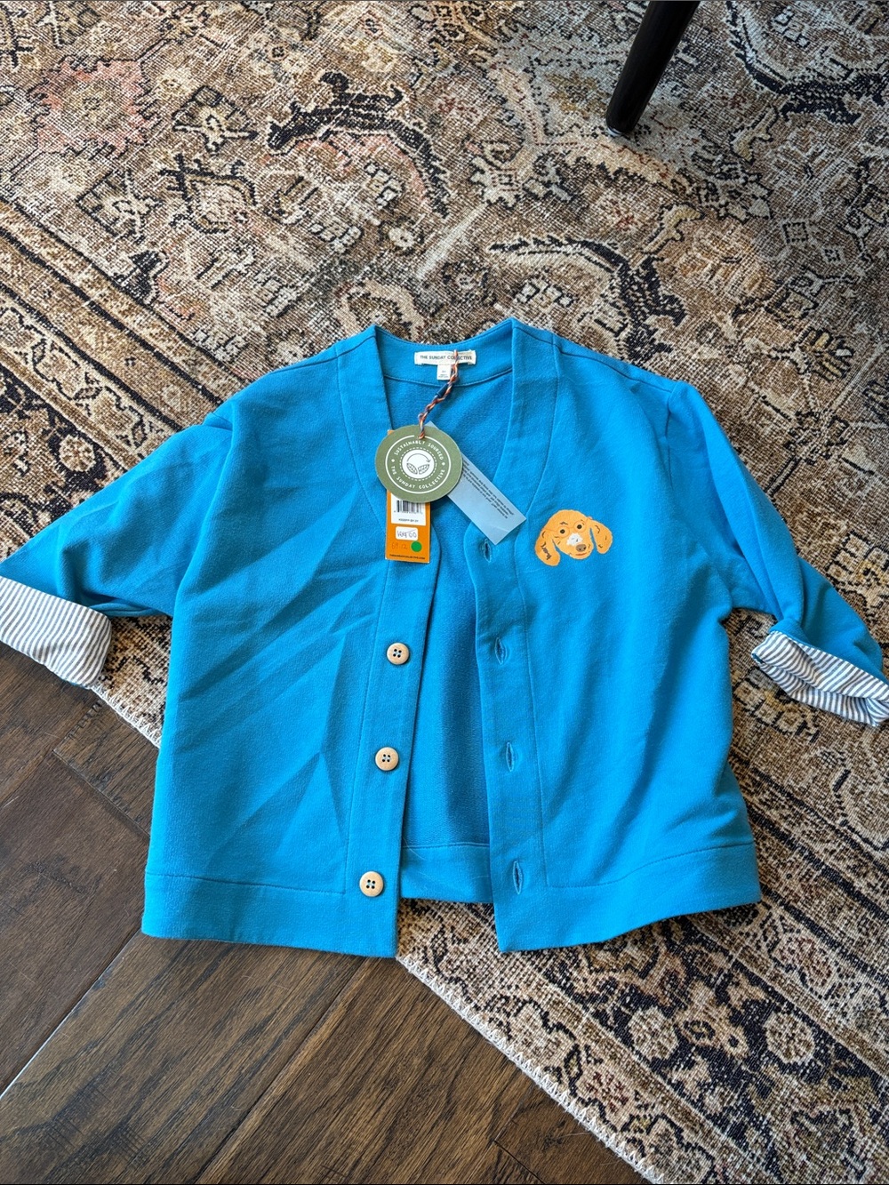 Kids Teal Button-Up Cardigan with Puppy Patch